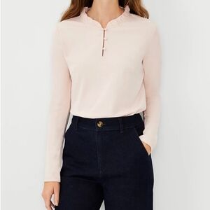 Ann Taylor Light pink / Nude Long Sleeve Ruffle Neckline Top. NWOT